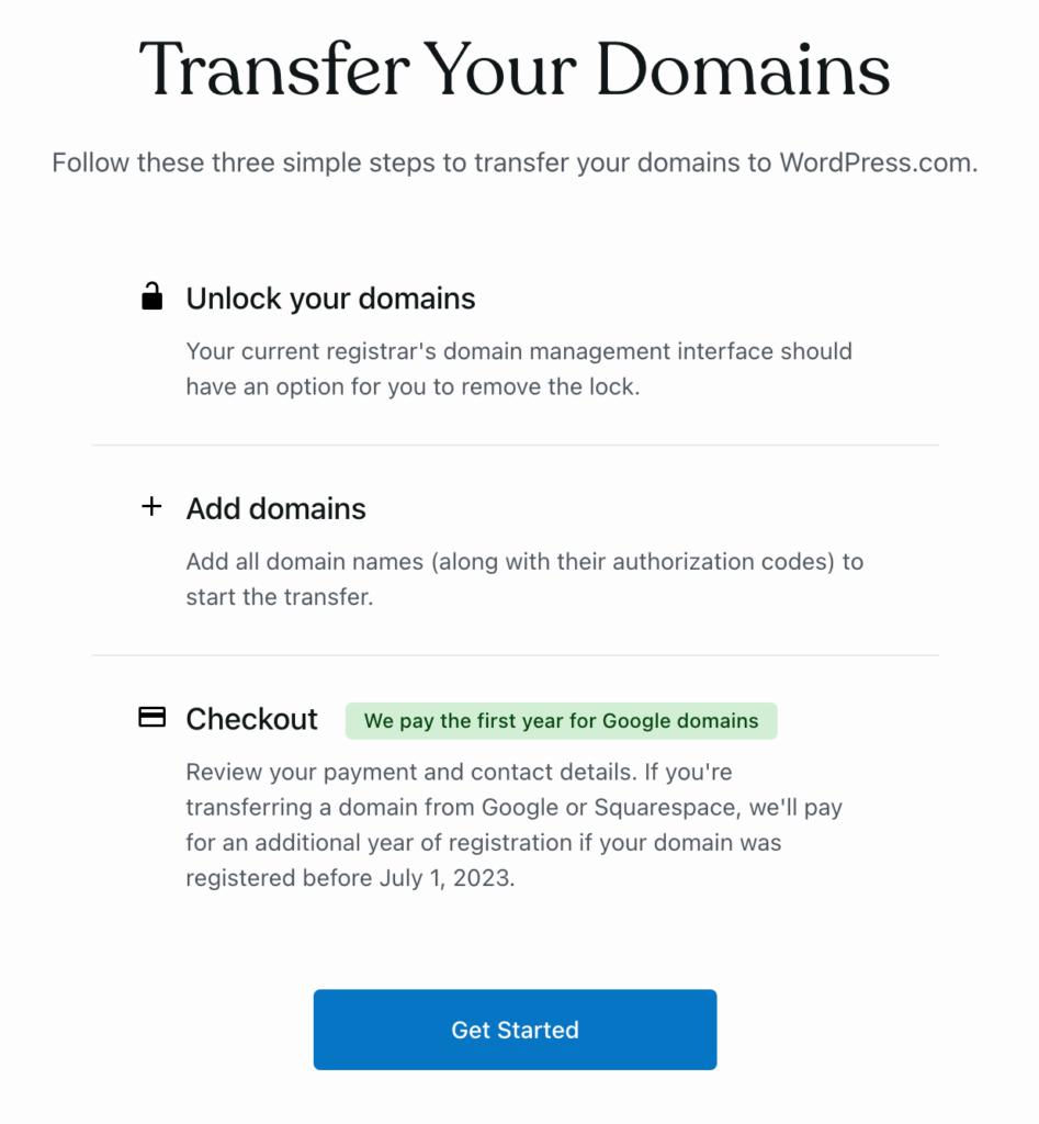 Screenshot of free domain transfer from Google to WordPress domains